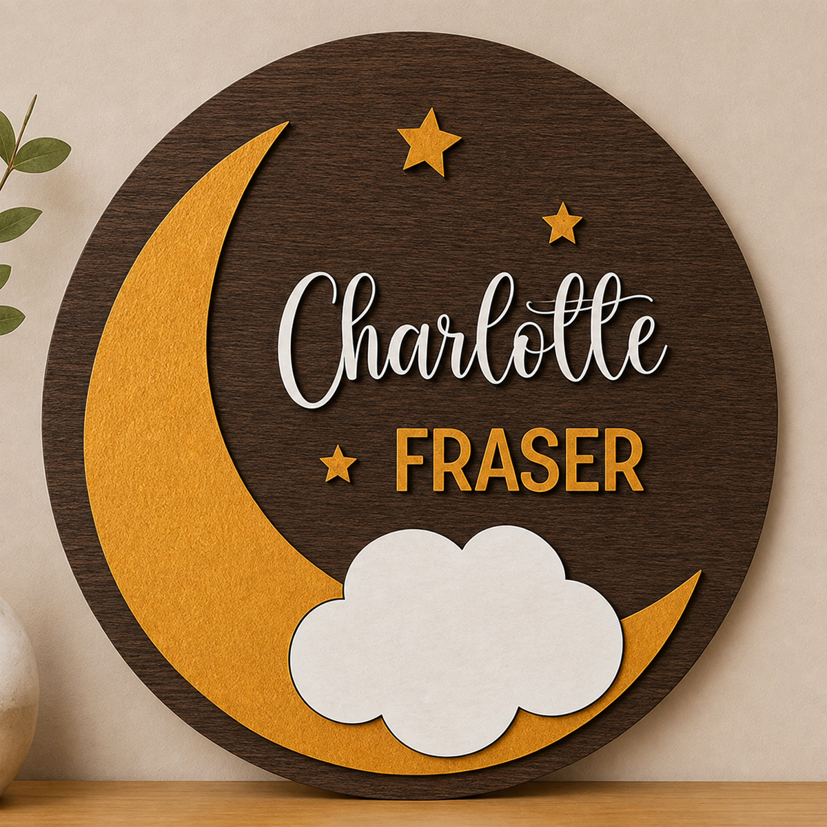 Personalised Moon Stars Wooden Name Sign Nursery Night Sky Wall Decor