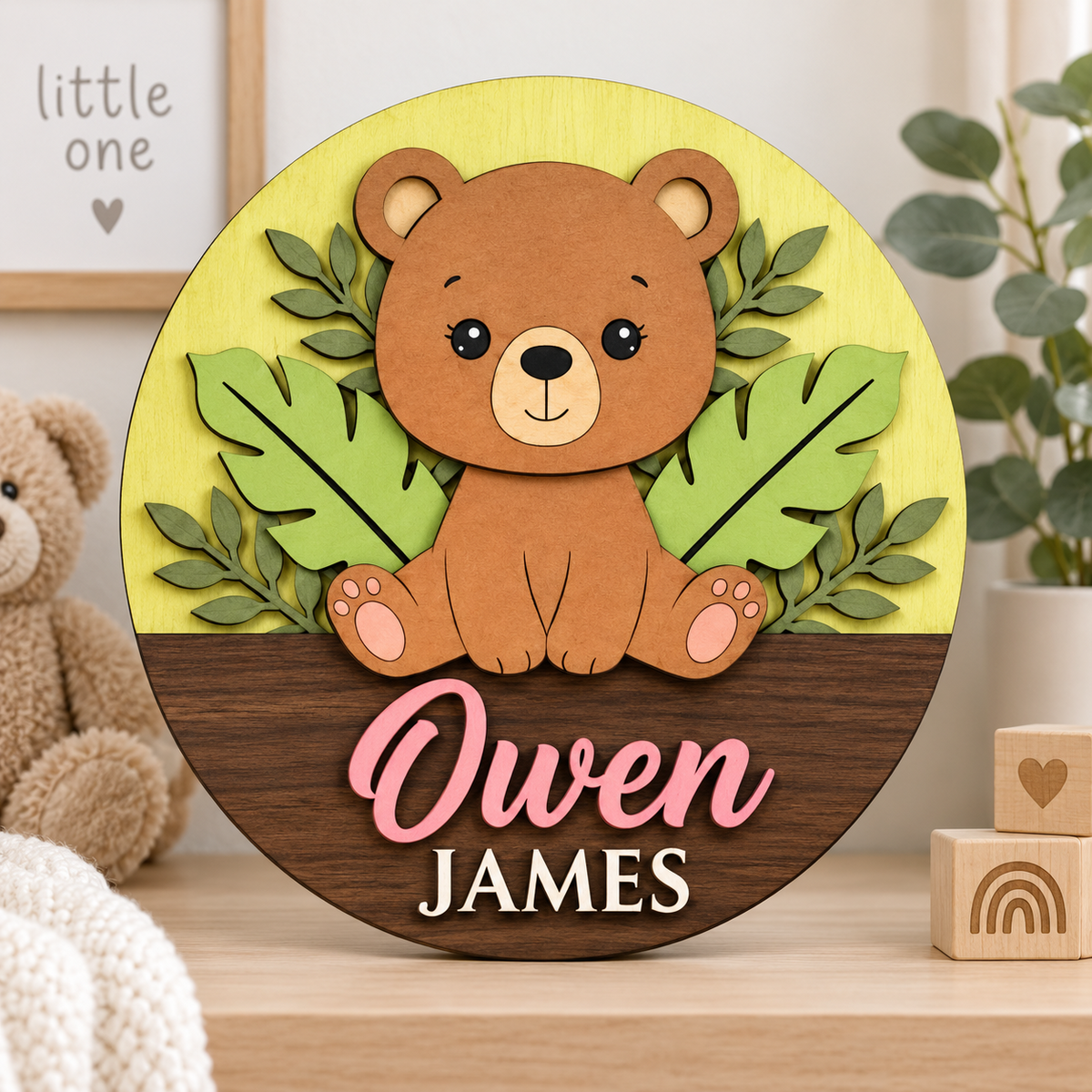 Personalised Wooden Bear Name Sign Kids Nursery Bedroom Wall Decor