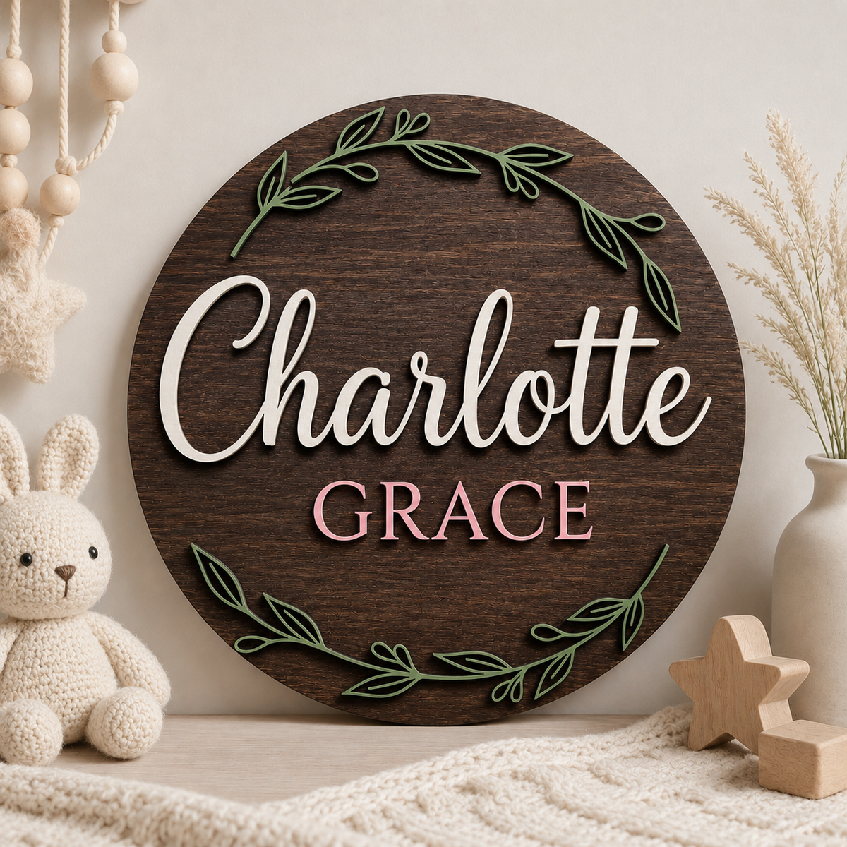 Custom 3D Wooden Name Sign Leaf Wreath Plaque Birch Plywood Botanical Decor