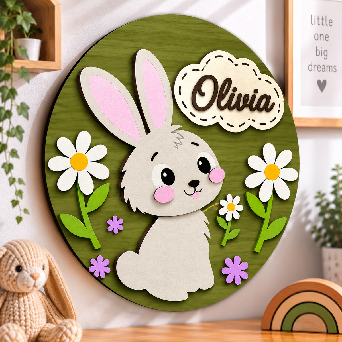 Personalised Wooden Bunny Name Sign Kids Nursery Bedroom Wall Decor