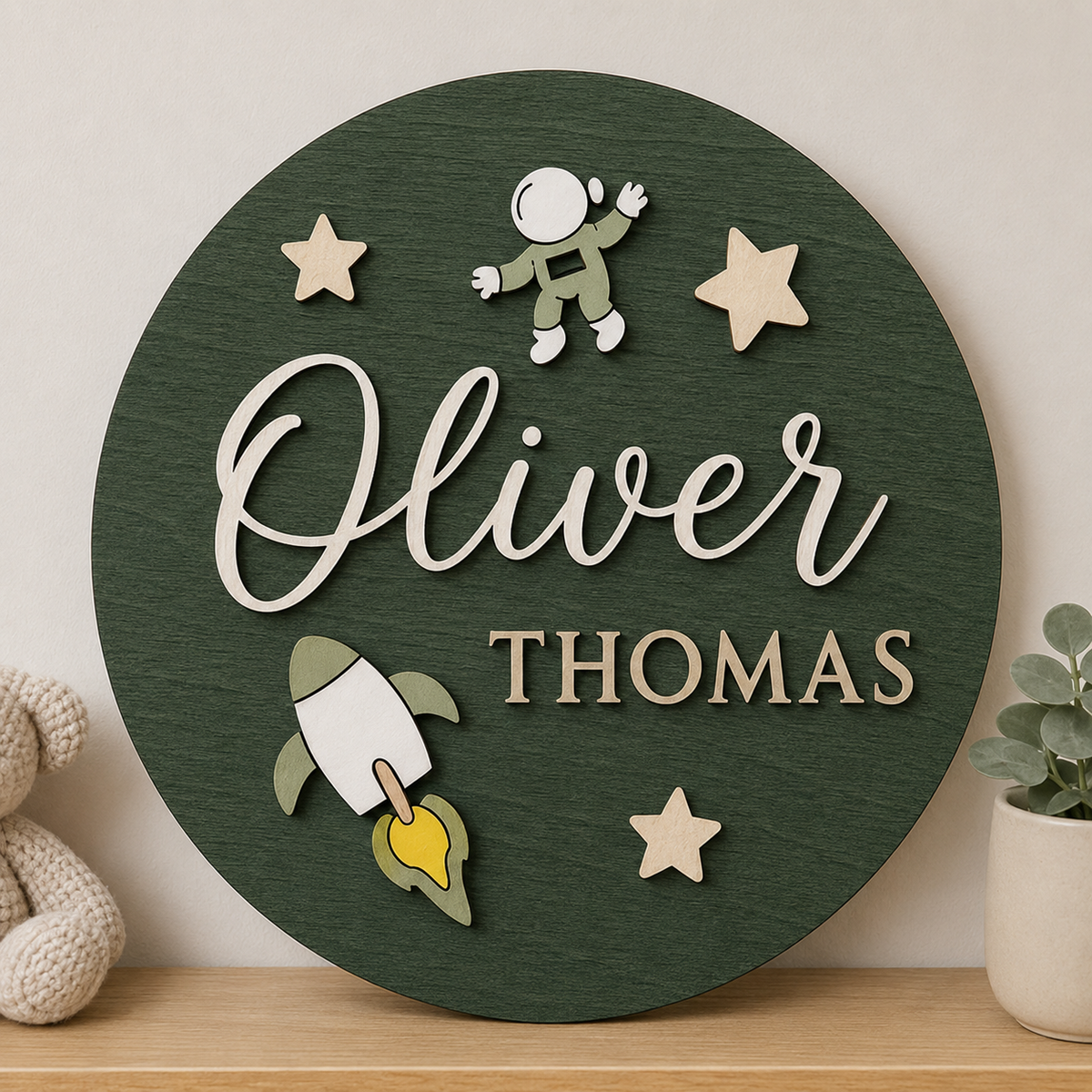 Personalised Rocket Wooden Name Sign Boys Nursery Wall Decor Custom Plaque