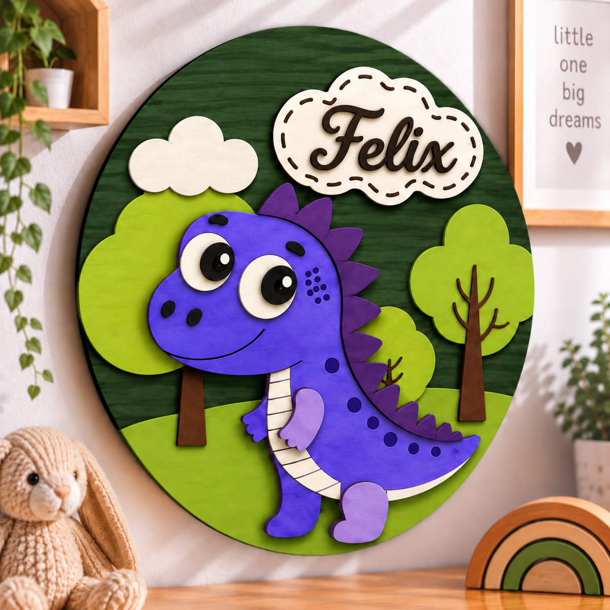 Personalised Wooden Dinosaur Name Sign Kids Nursery Bedroom Wall Decor