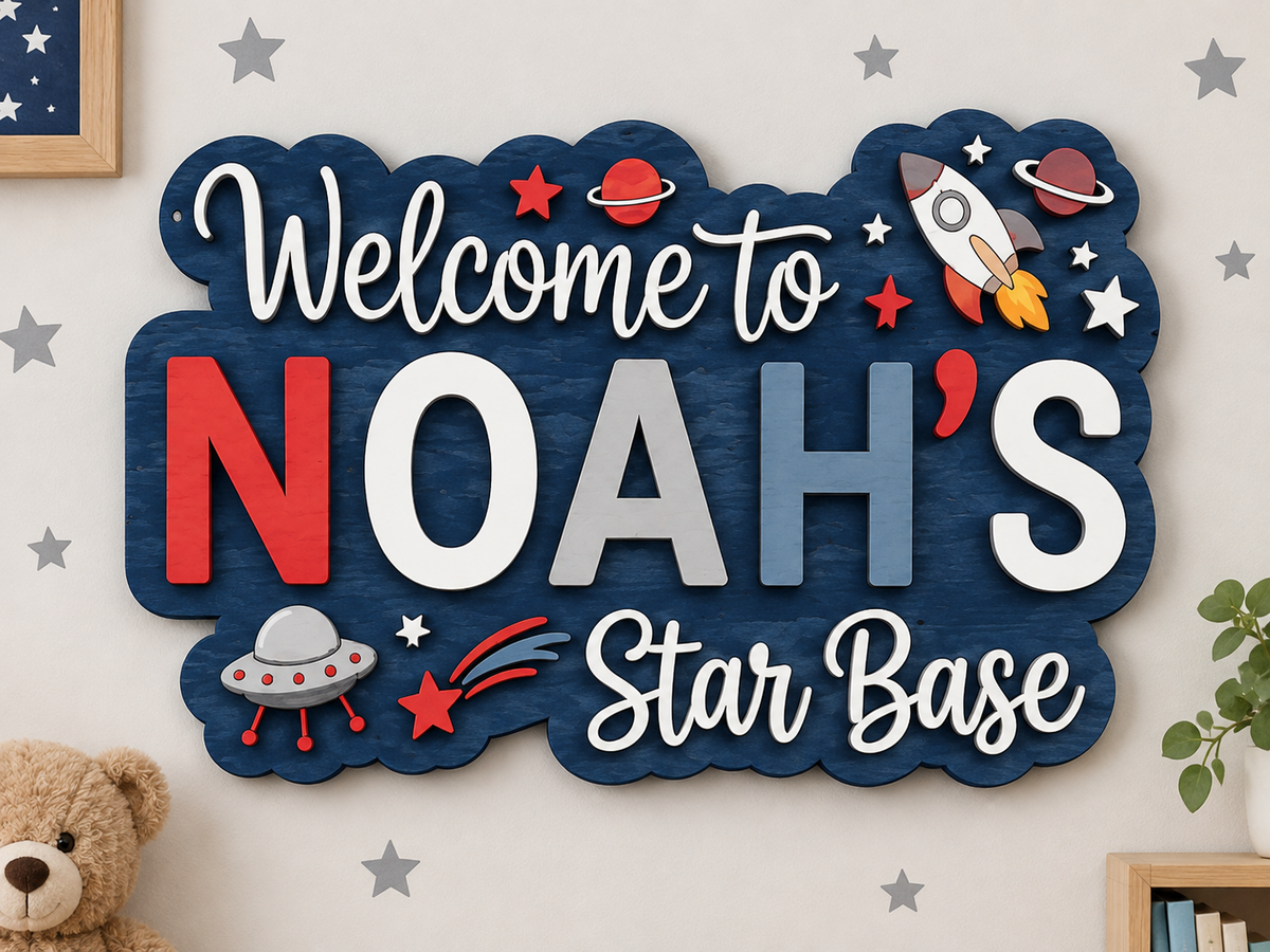 Personalised Space Name Sign Kids Nursery Bedroom Wall Decor Star Base