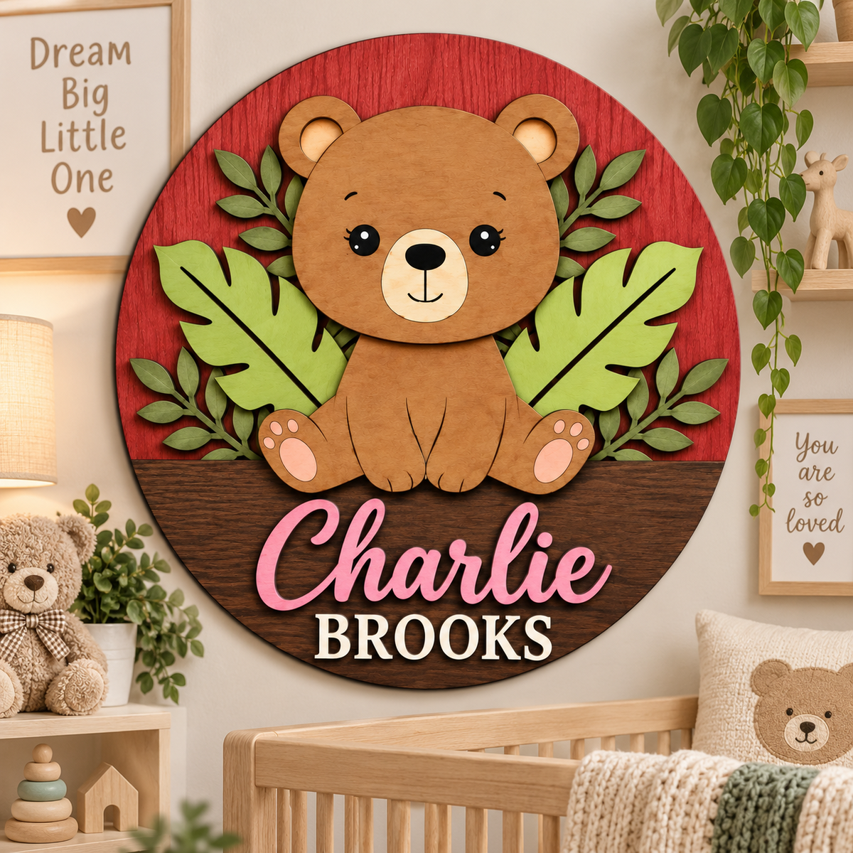 Personalised Wooden Bear Name Sign Kids Nursery Bedroom Wall Decor