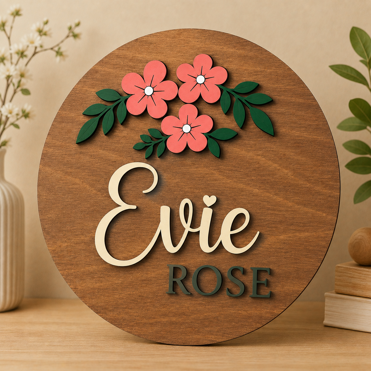 Personalised Floral Wooden Name Sign Girls Nursery Bedroom Wall Decor