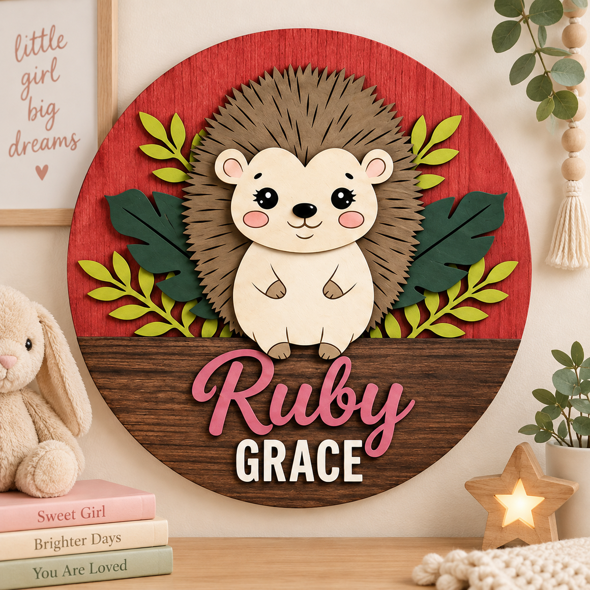 Personalised Wooden Hedgehog Name Sign Kids Nursery Bedroom Wall Decor