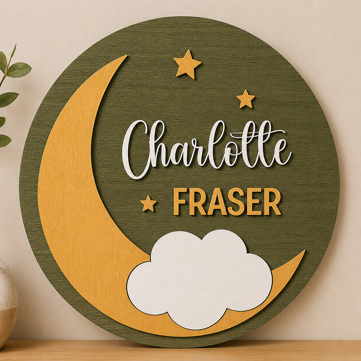 Personalised Moon Stars Wooden Name Sign Nursery Night Sky Wall Decor