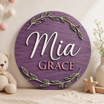 Custom 3D Wooden Name Sign Leaf Wreath Plaque Birch Plywood Botanical Decor
