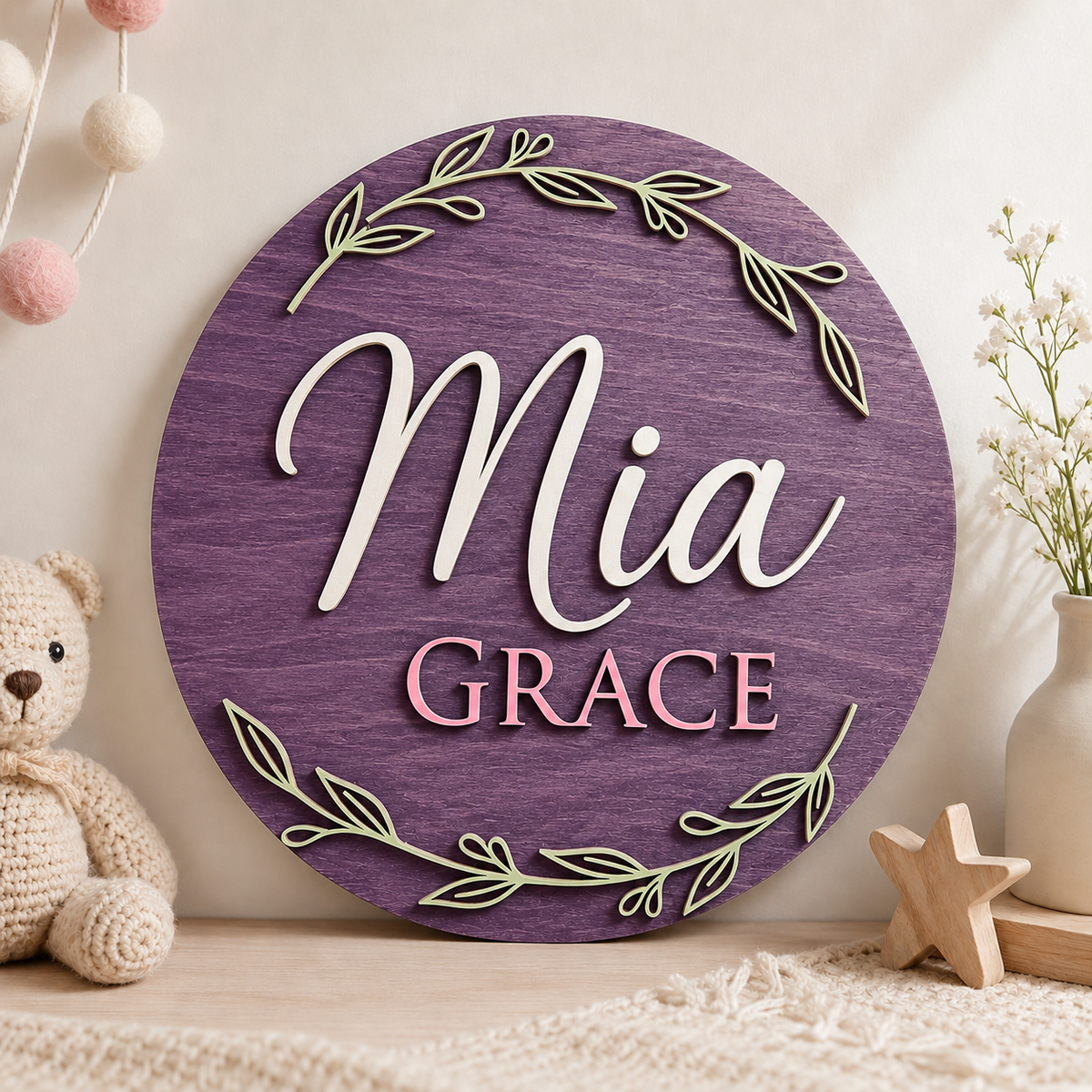 Custom 3D Wooden Name Sign Leaf Wreath Plaque Birch Plywood Botanical Decor
