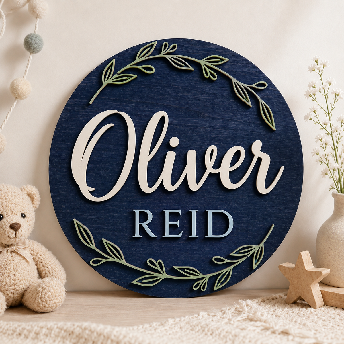 Custom 3D Wooden Name Sign Leaf Wreath Plaque Birch Plywood Botanical Decor
