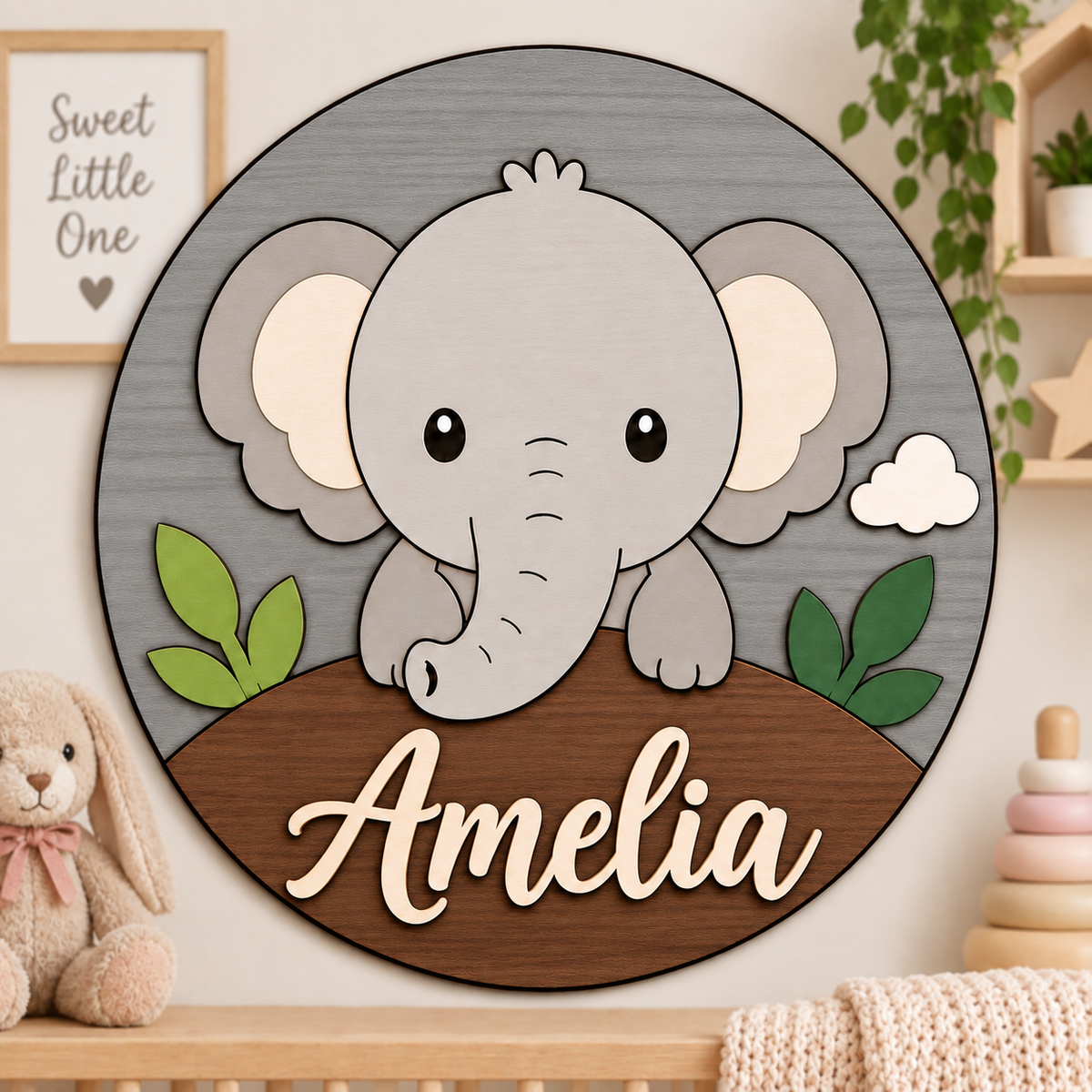 Personalised Wooden Elephant Name Sign Kids Nursery Bedroom Wall Decor