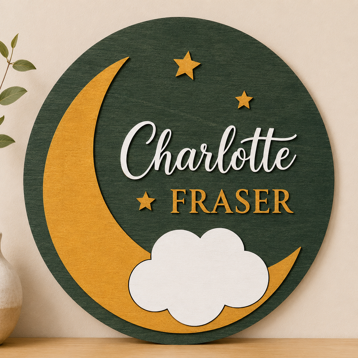 Personalised Moon Stars Wooden Name Sign Nursery Night Sky Wall Decor