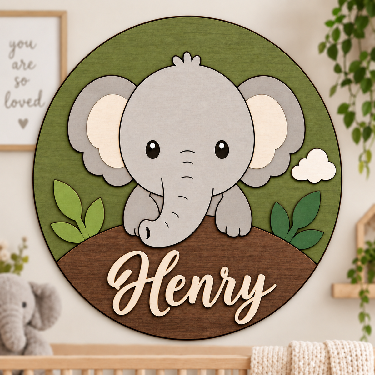Personalised Wooden Elephant Name Sign Kids Nursery Bedroom Wall Decor