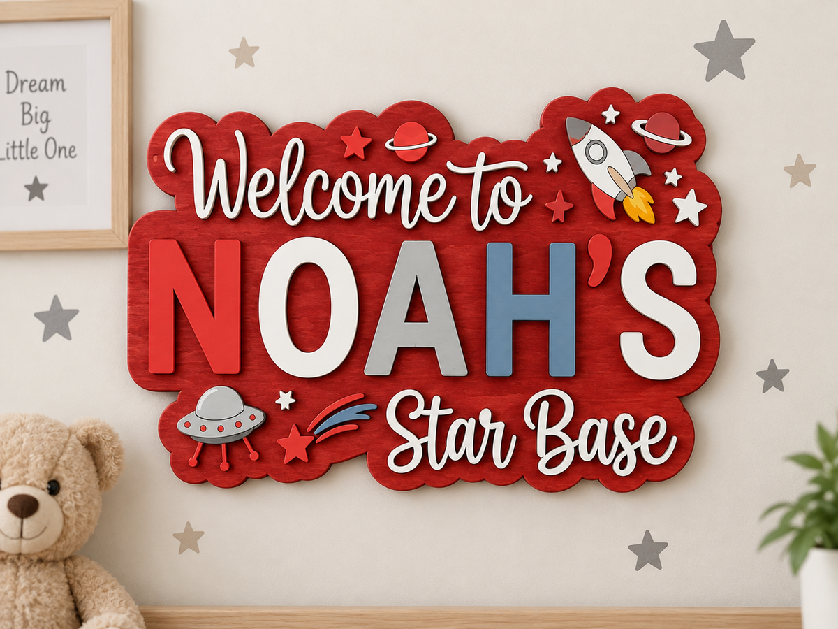 Personalised Space Name Sign Kids Nursery Bedroom Wall Decor Star Base