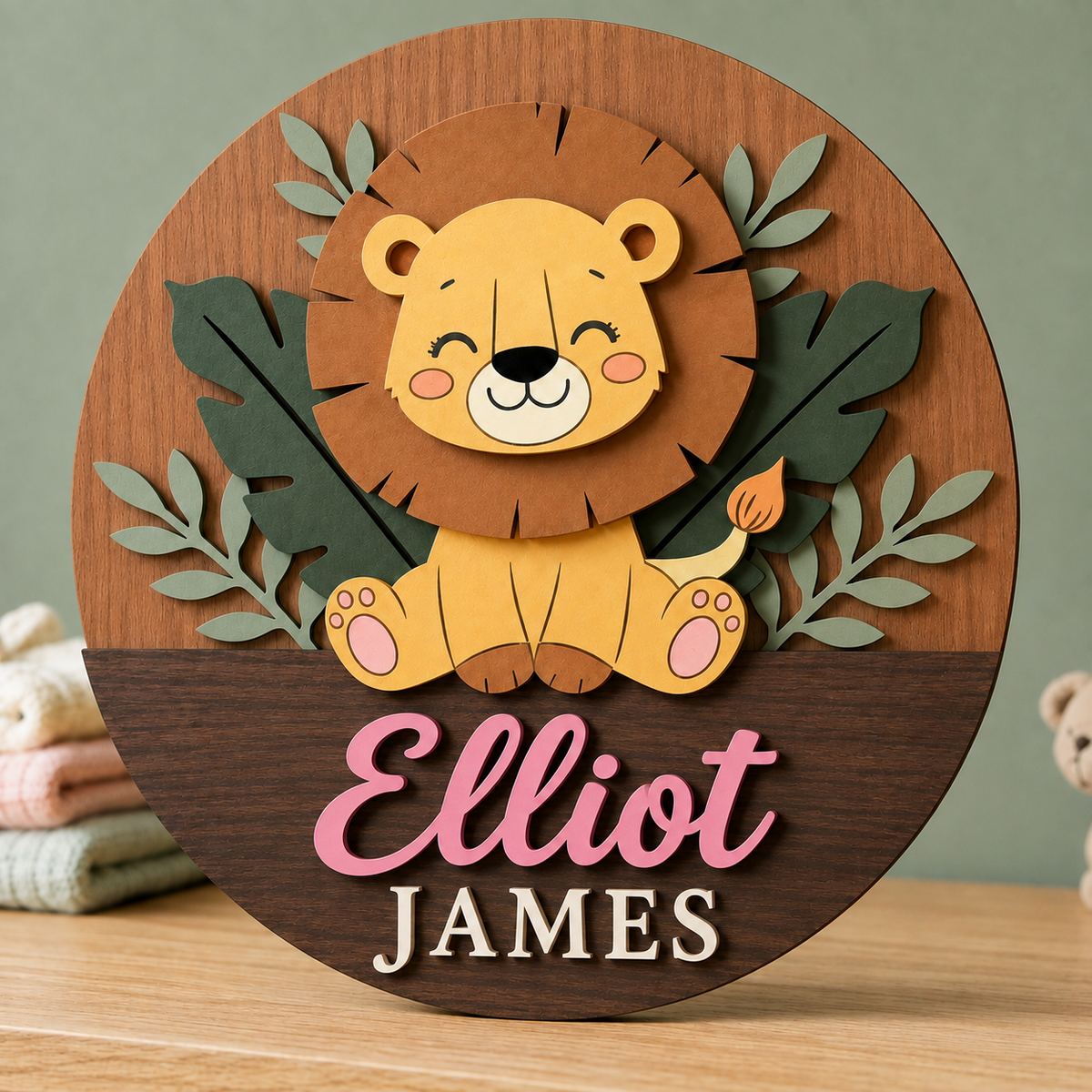 Personalised Wooden Lion Name Sign Kids Nursery Bedroom Wall Decor