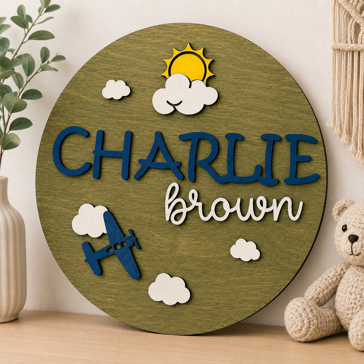 Personalised Aeroplane Name Sign Kids Nursery Bedroom Wall Decor