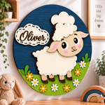 Personalised Wooden Sheep Name Sign Kids Nursery Bedroom Wall Decor