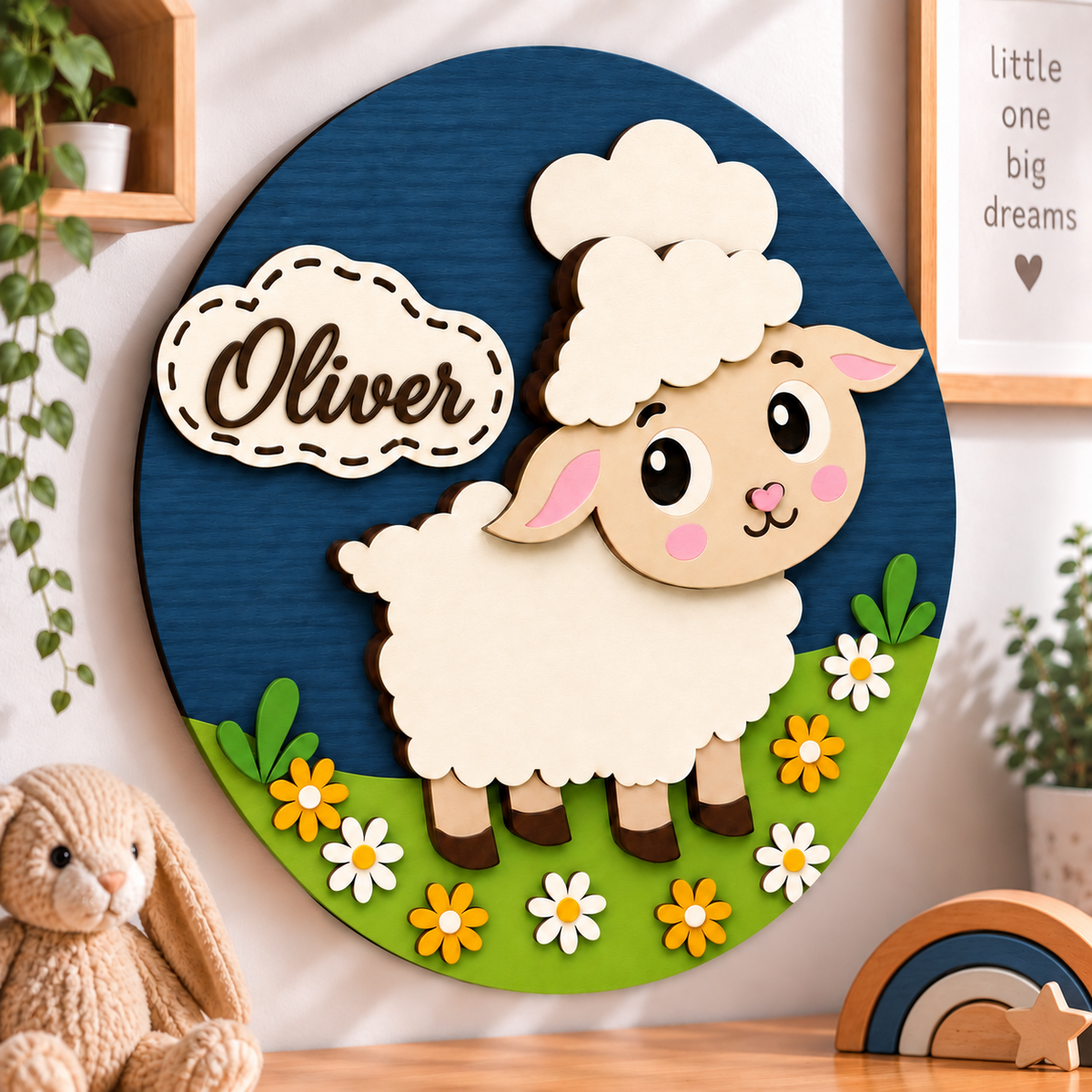 Personalised Wooden Sheep Name Sign Kids Nursery Bedroom Wall Decor