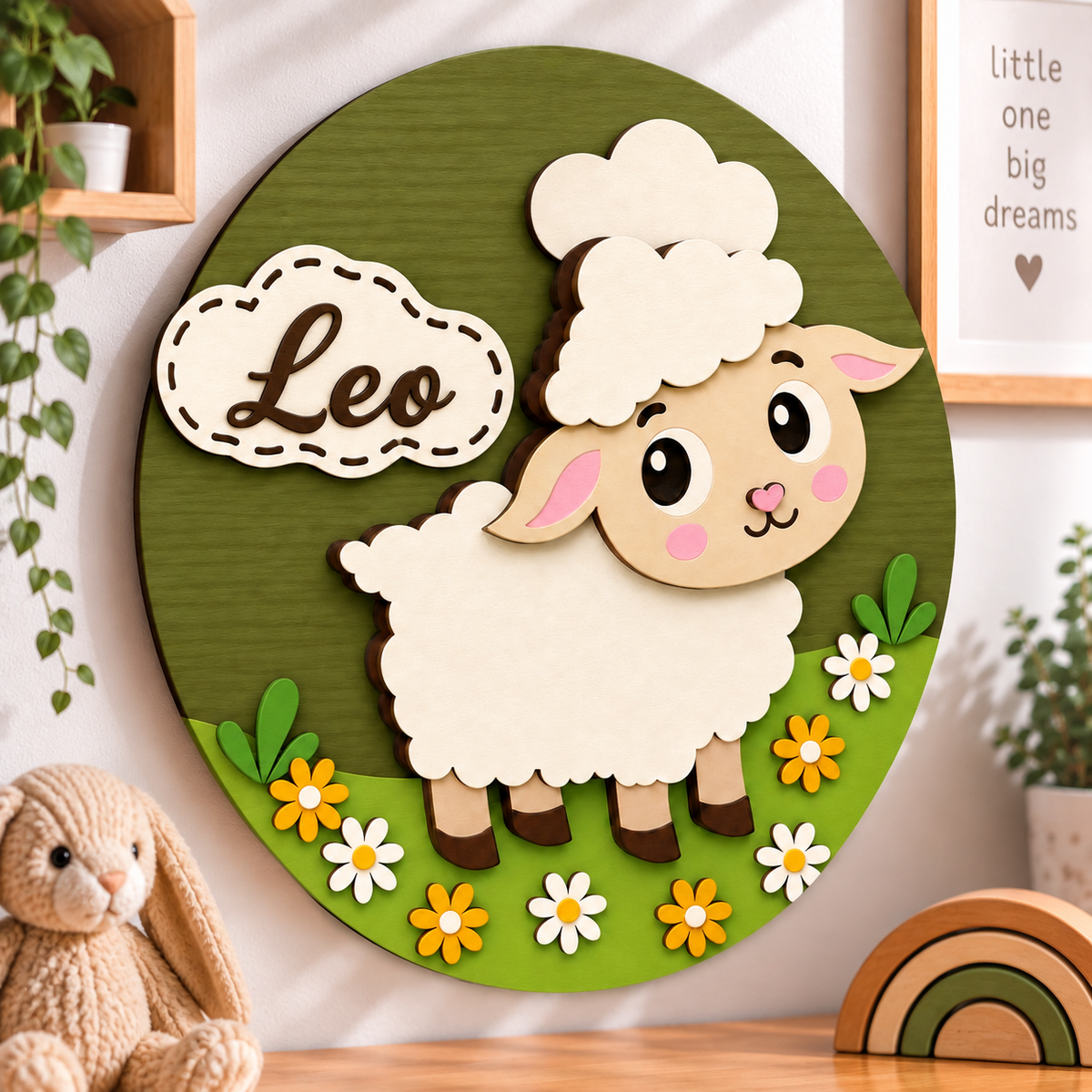 Personalised Wooden Sheep Name Sign Kids Nursery Bedroom Wall Decor