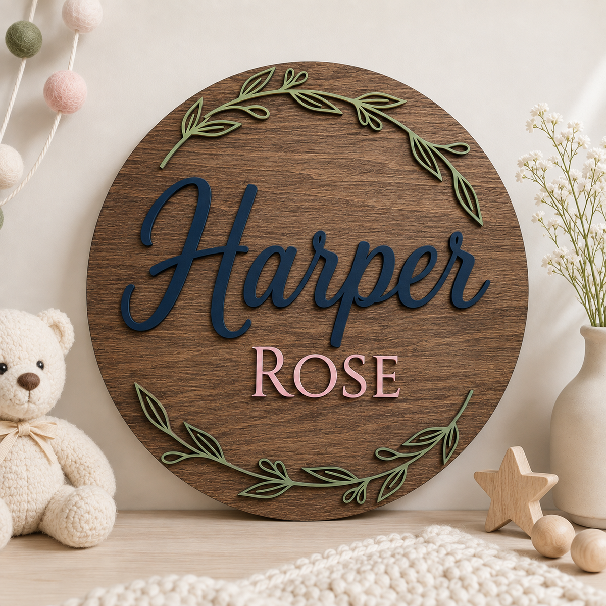 Custom 3D Wooden Name Sign Leaf Wreath Plaque Birch Plywood Botanical Decor