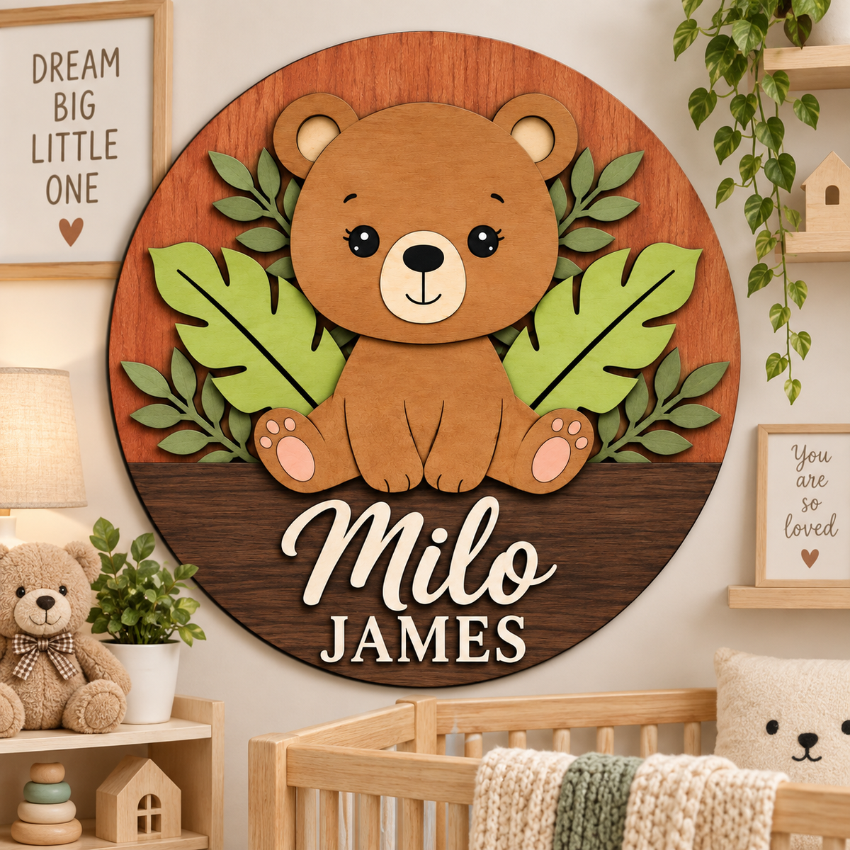 Personalised Wooden Bear Name Sign Kids Nursery Bedroom Wall Decor