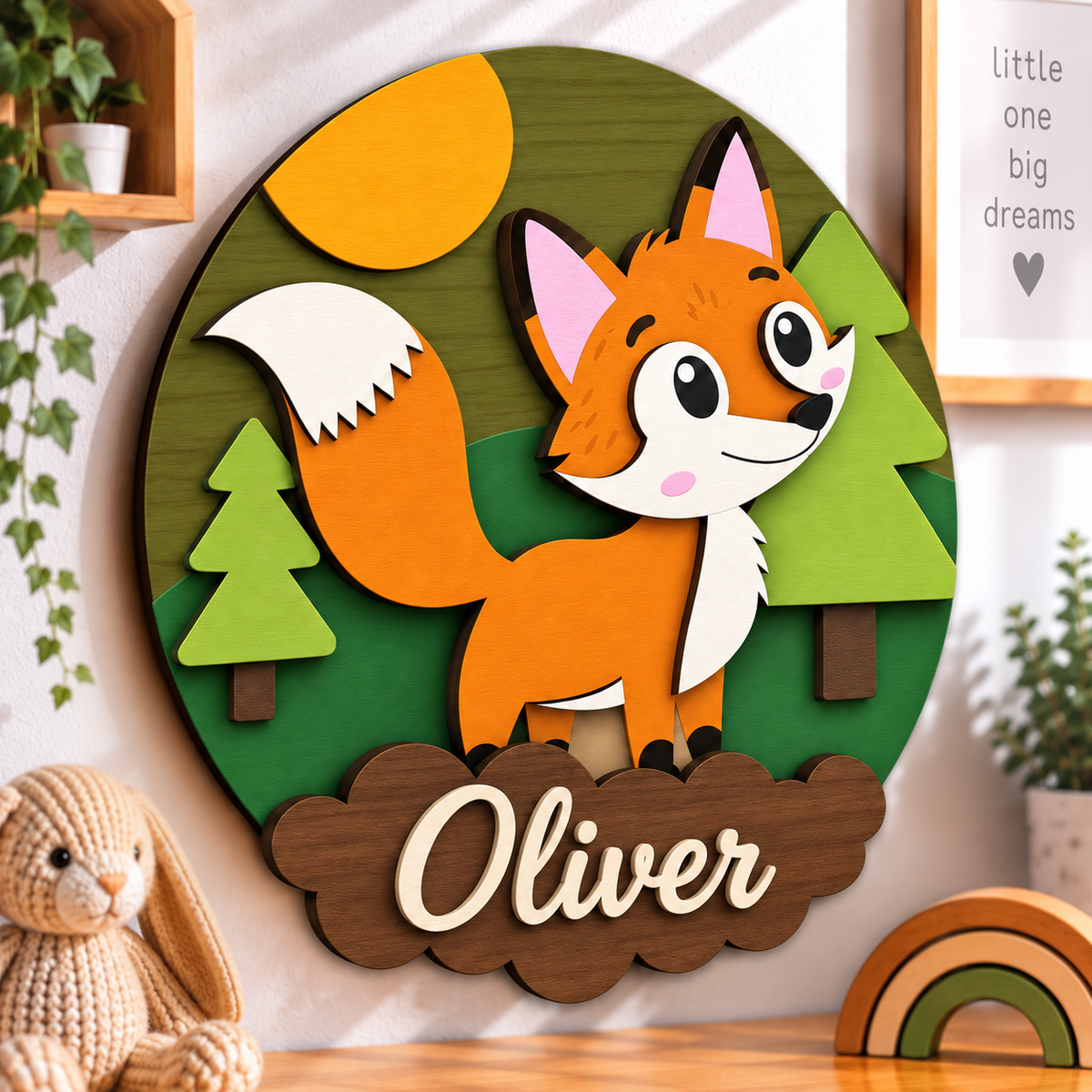 Personalised Wooden Fox Name Sign Kids Nursery Bedroom Wall Decor