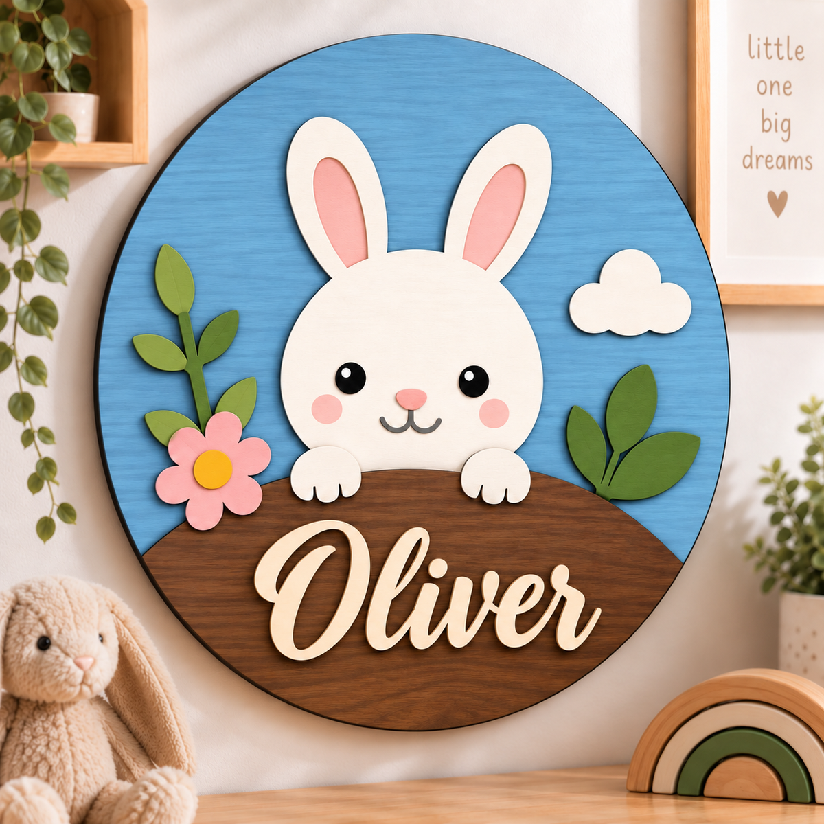 Personalised Wooden Bunny Name Sign Kids Nursery Bedroom Wall Decor