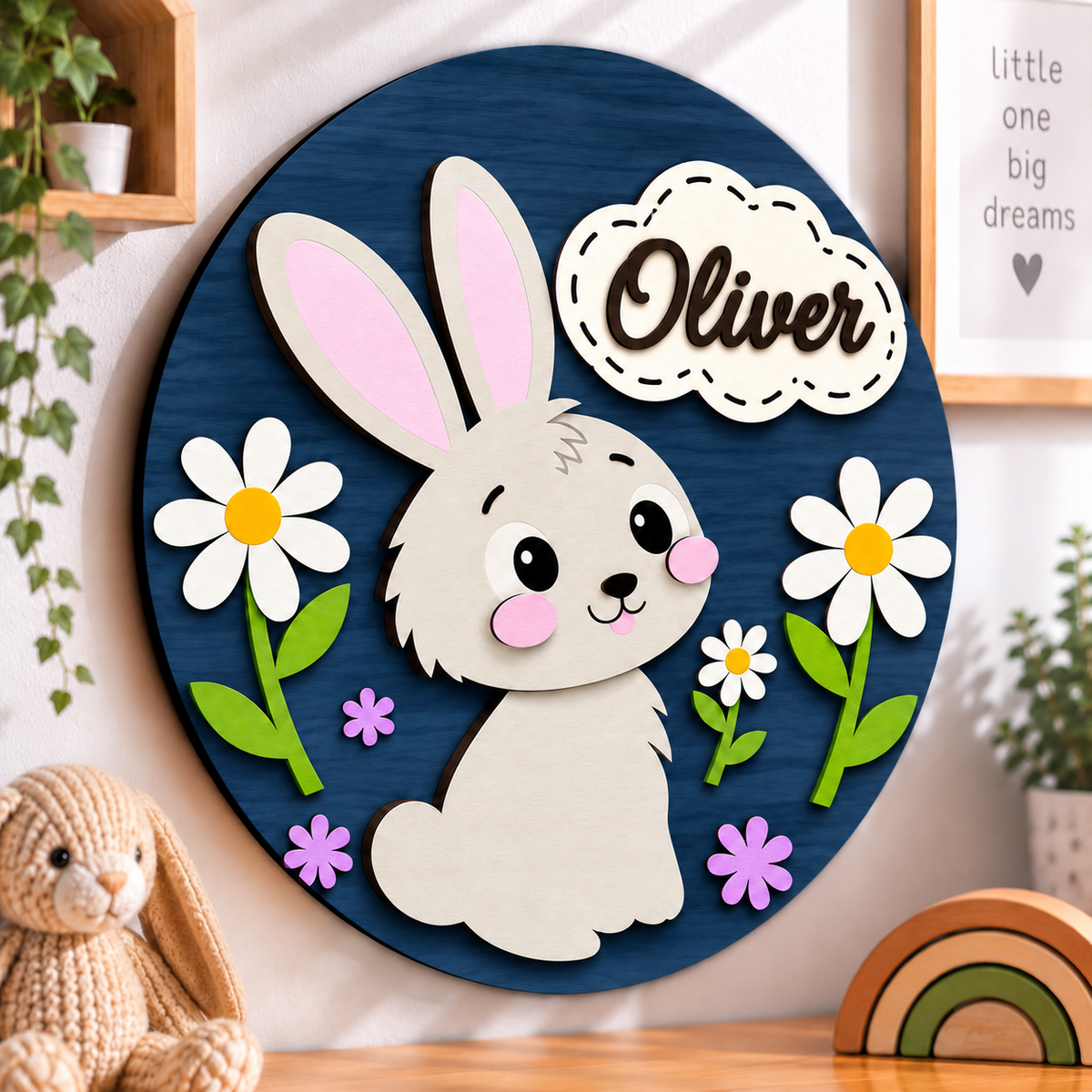 Personalised Wooden Bunny Name Sign Kids Nursery Bedroom Wall Decor