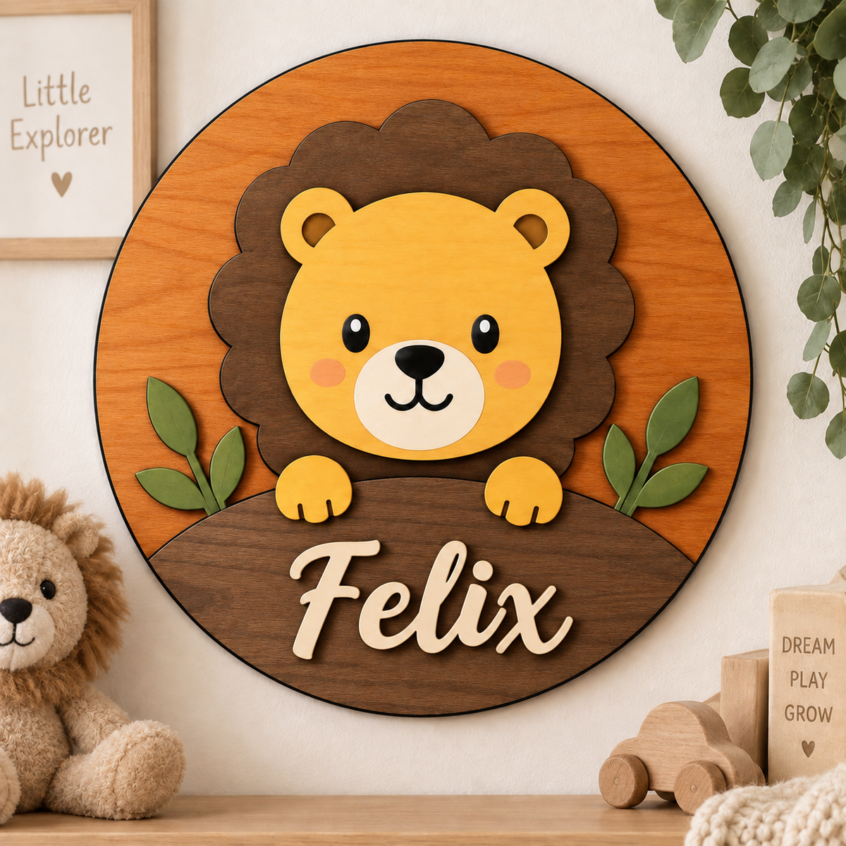 Personalised Wooden Lion Name Sign Kids Nursery Bedroom Wall Decor