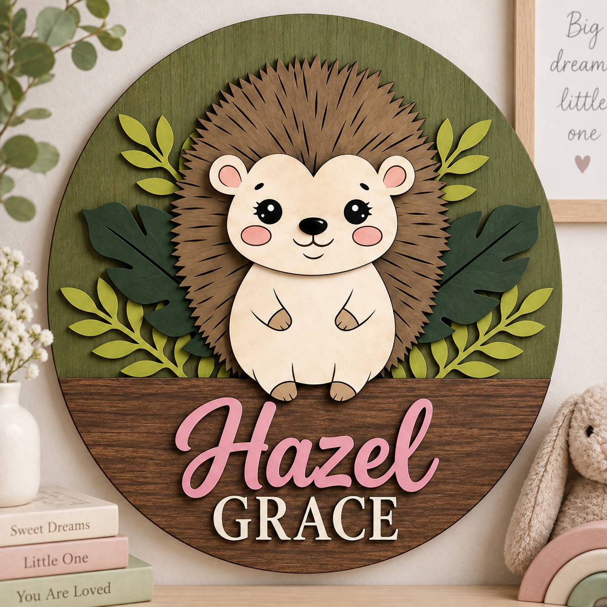 Personalised Wooden Hedgehog Name Sign Kids Nursery Bedroom Wall Decor