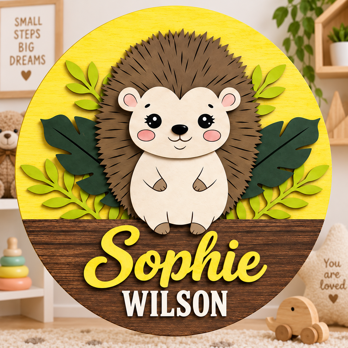 Personalised Wooden Hedgehog Name Sign Kids Nursery Bedroom Wall Decor
