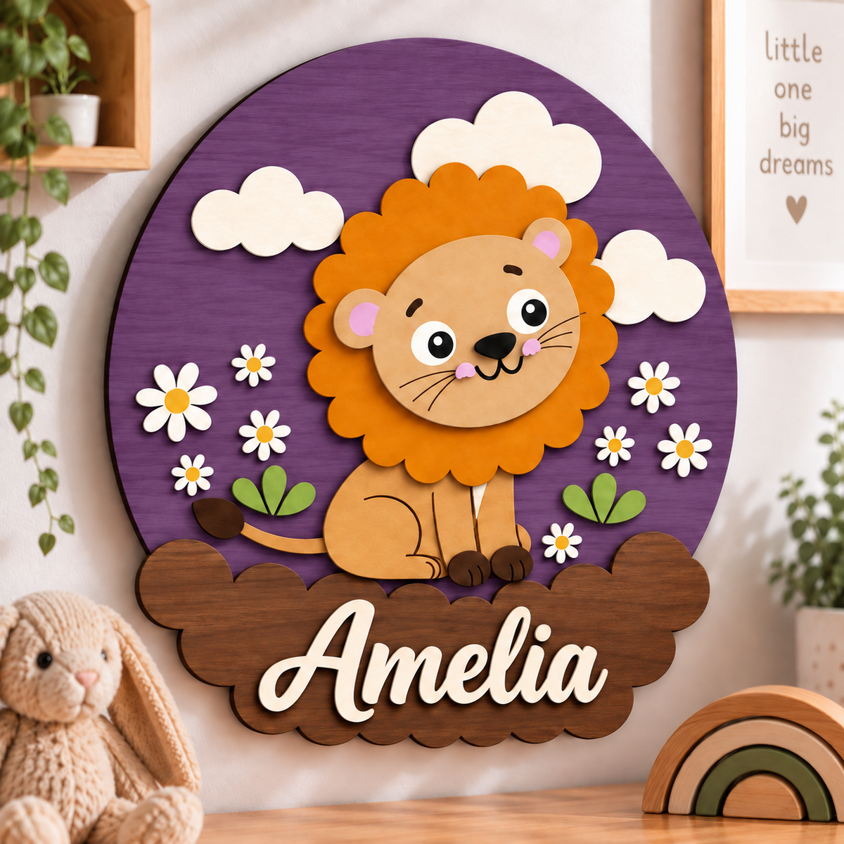 Personalised Wooden Lion Name Sign Kids Nursery Bedroom Wall Decor