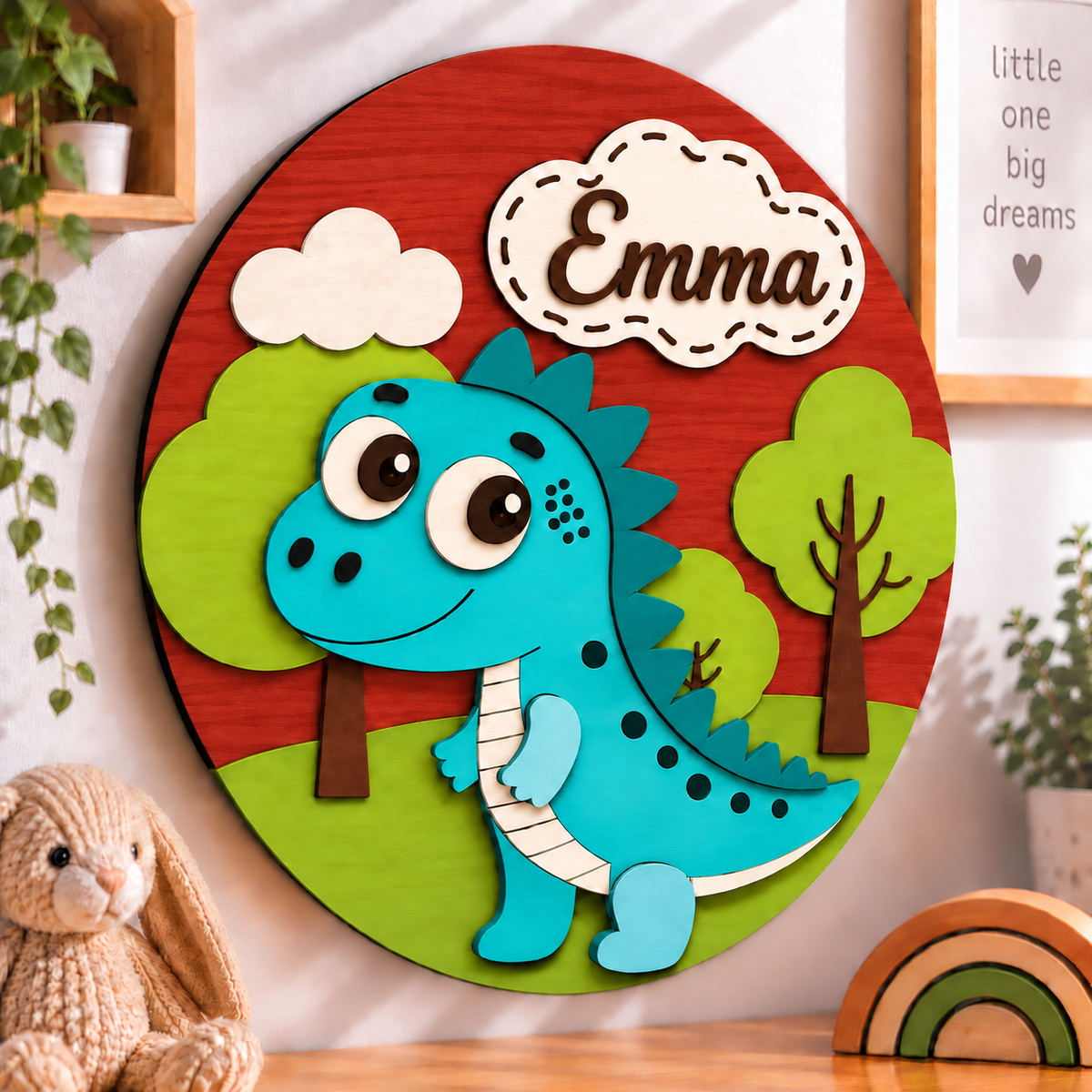 Personalised Wooden Dinosaur Name Sign Kids Nursery Bedroom Wall Decor