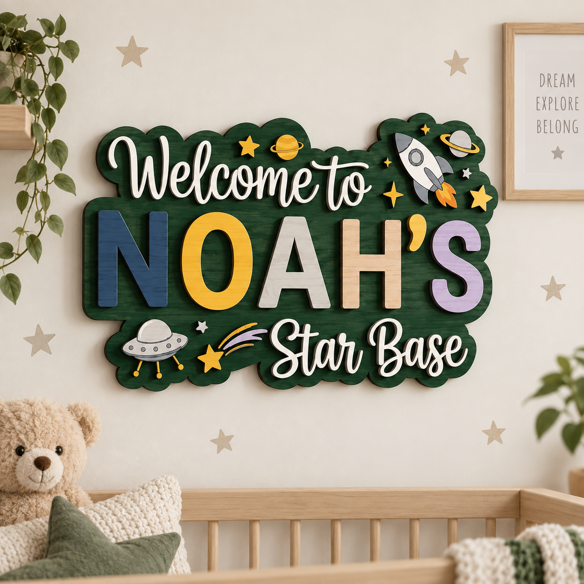Personalised Space Name Sign Kids Nursery Bedroom Wall Decor Star Base