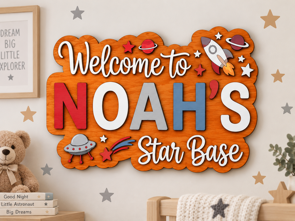 Personalised Space Name Sign Kids Nursery Bedroom Wall Decor Star Base