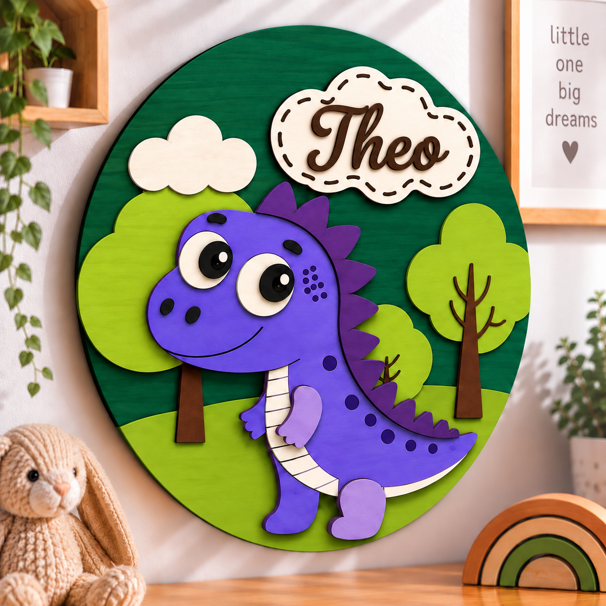 Personalised Wooden Dinosaur Name Sign Kids Nursery Bedroom Wall Decor