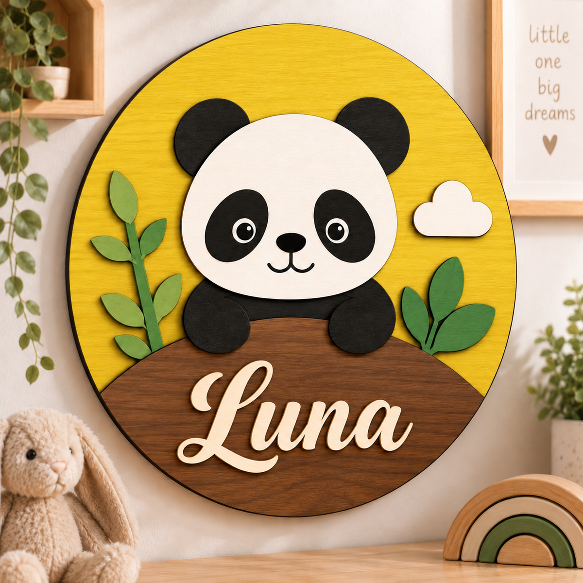 Personalised Wooden Panda Name Sign Kids Nursery Bedroom Wall Decor