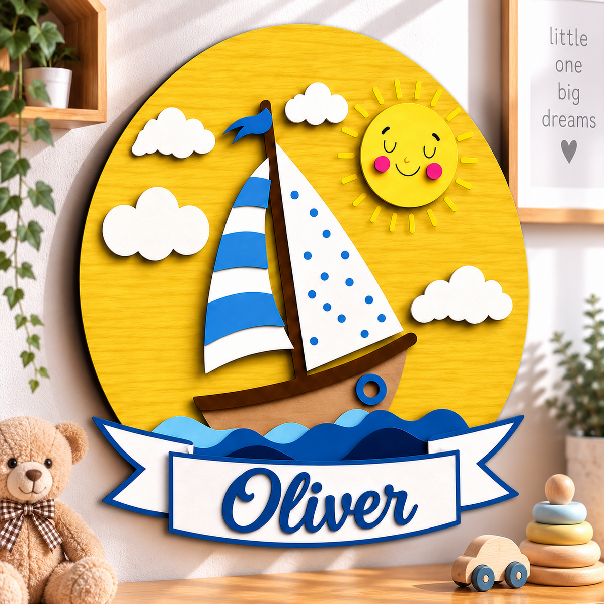 Personalised Wooden Sailboat Name Sign Kids Nursery Bedroom Wall Decor