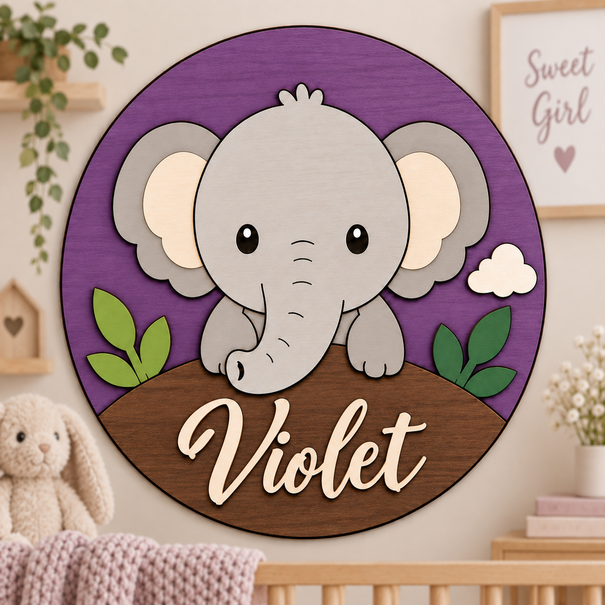 Personalised Wooden Elephant Name Sign Kids Nursery Bedroom Wall Decor