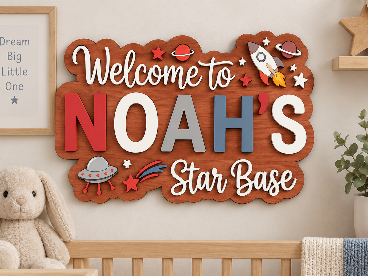 Personalised Space Name Sign Kids Nursery Bedroom Wall Decor Star Base
