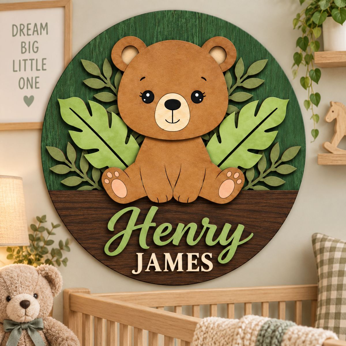 Personalised Wooden Bear Name Sign Kids Nursery Bedroom Wall Decor