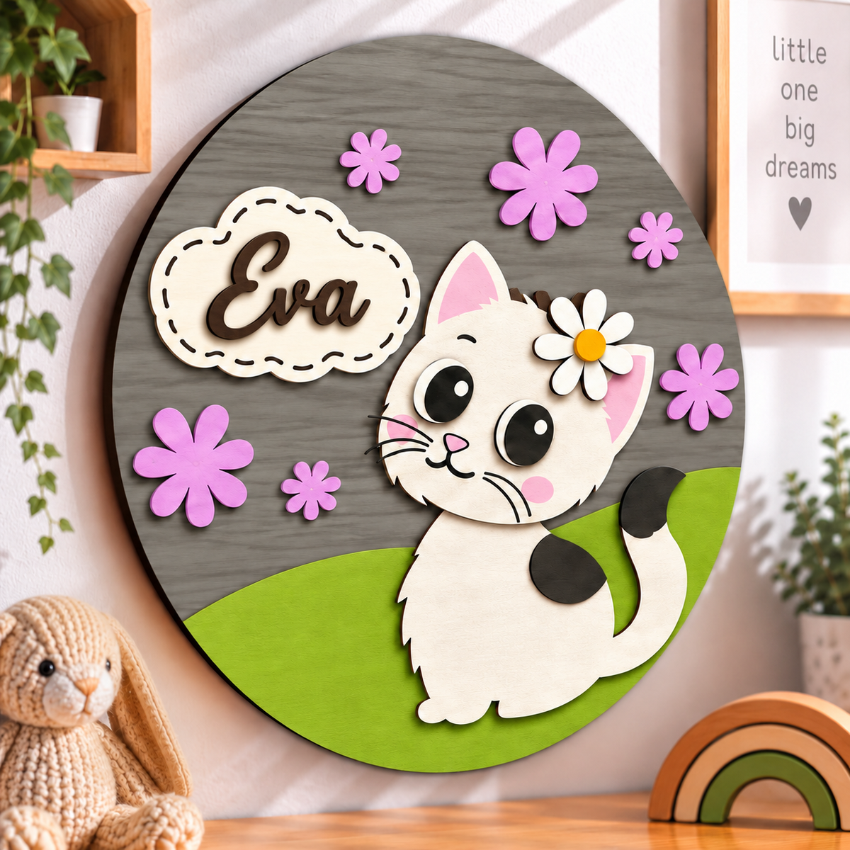 Personalised Wooden Cat Name Sign Kids Nursery Bedroom Wall Decor
