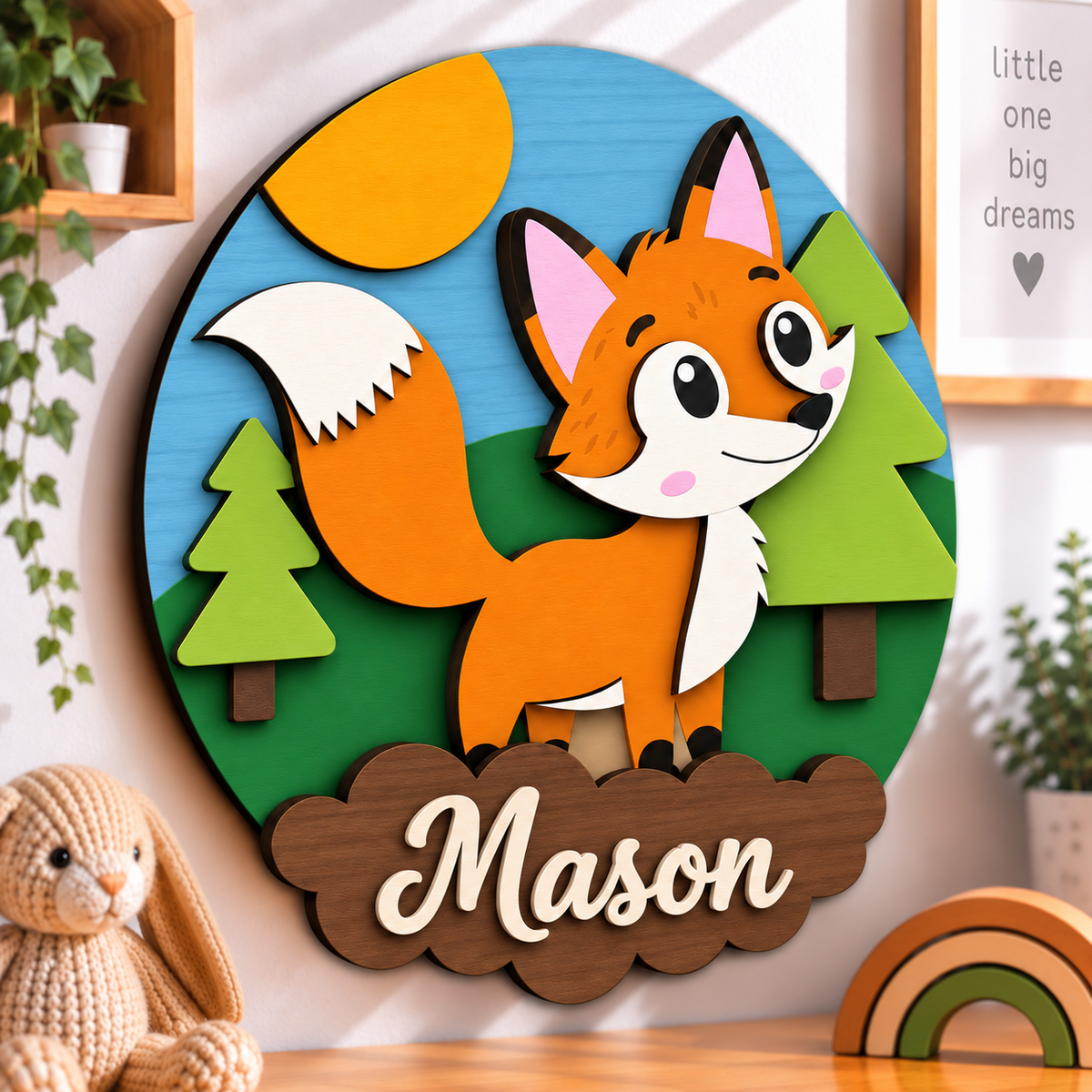 Personalised Wooden Fox Name Sign Kids Nursery Bedroom Wall Decor