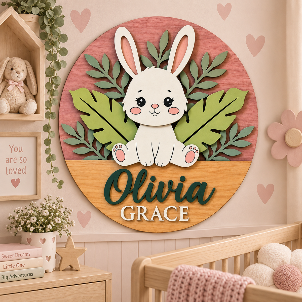 Personalised Wooden Bunny Name Sign Kids Nursery Bedroom Wall Decor