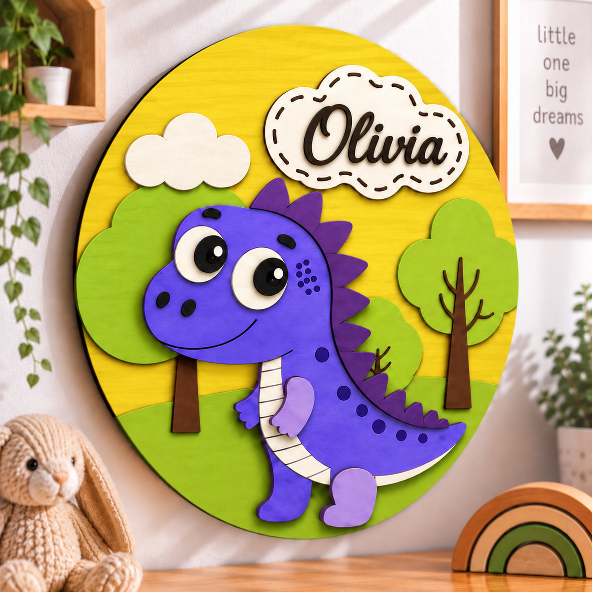 Personalised Wooden Dinosaur Name Sign Kids Nursery Bedroom Wall Decor