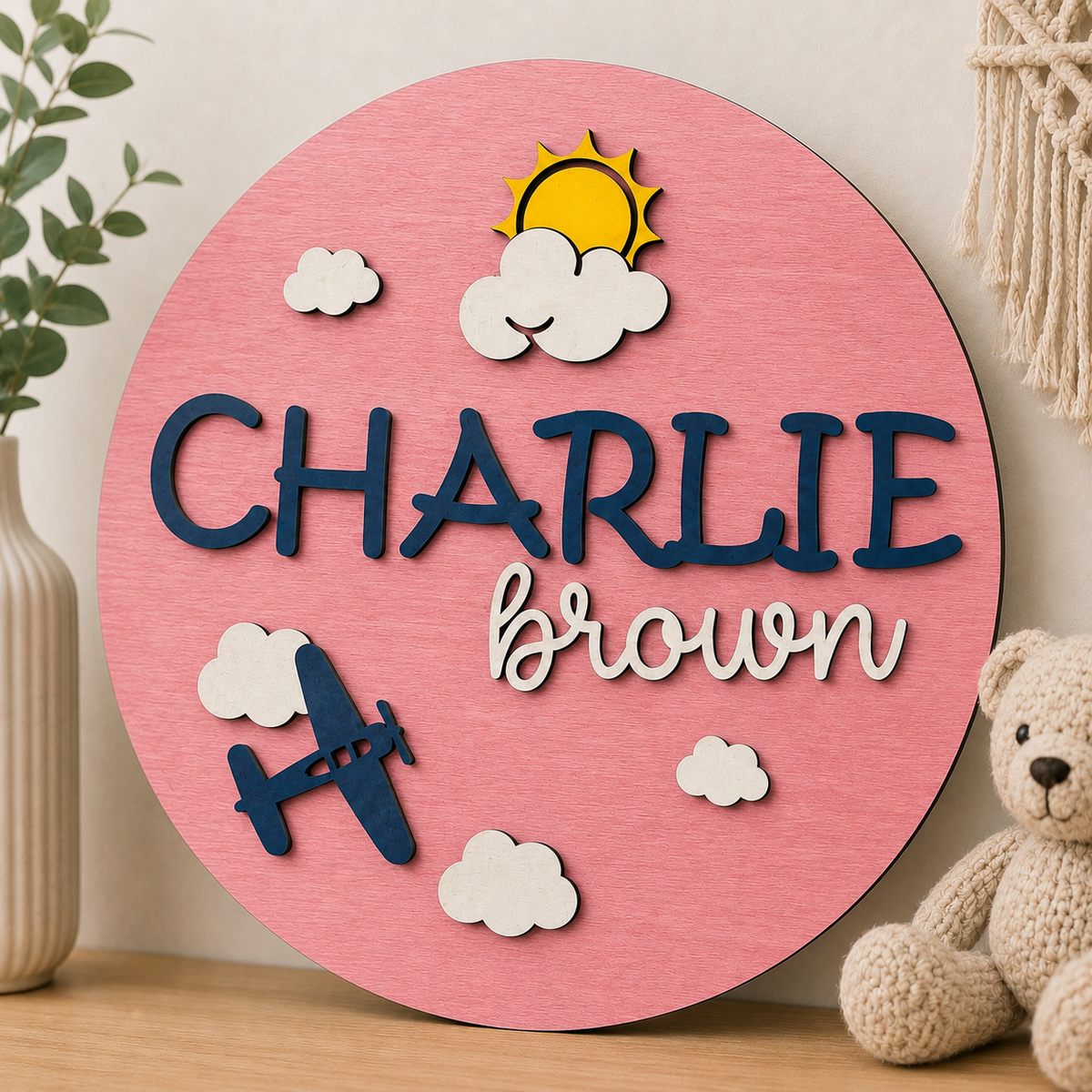 Personalised Aeroplane Name Sign Kids Nursery Bedroom Wall Decor