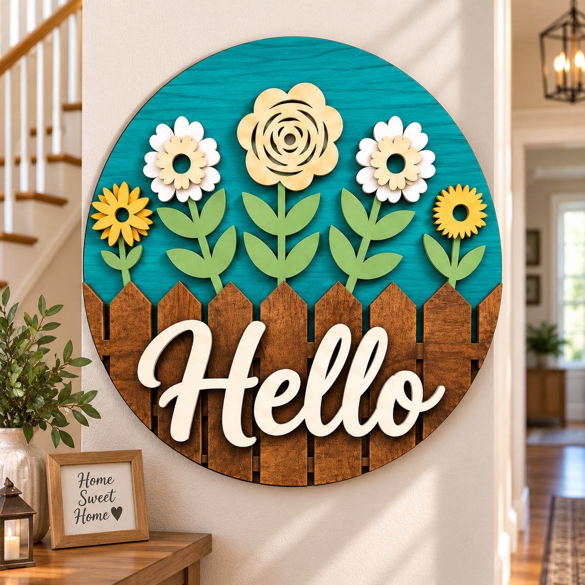 Personalised Floral Welcome Wooden Sign Front Door Home Wall Decor