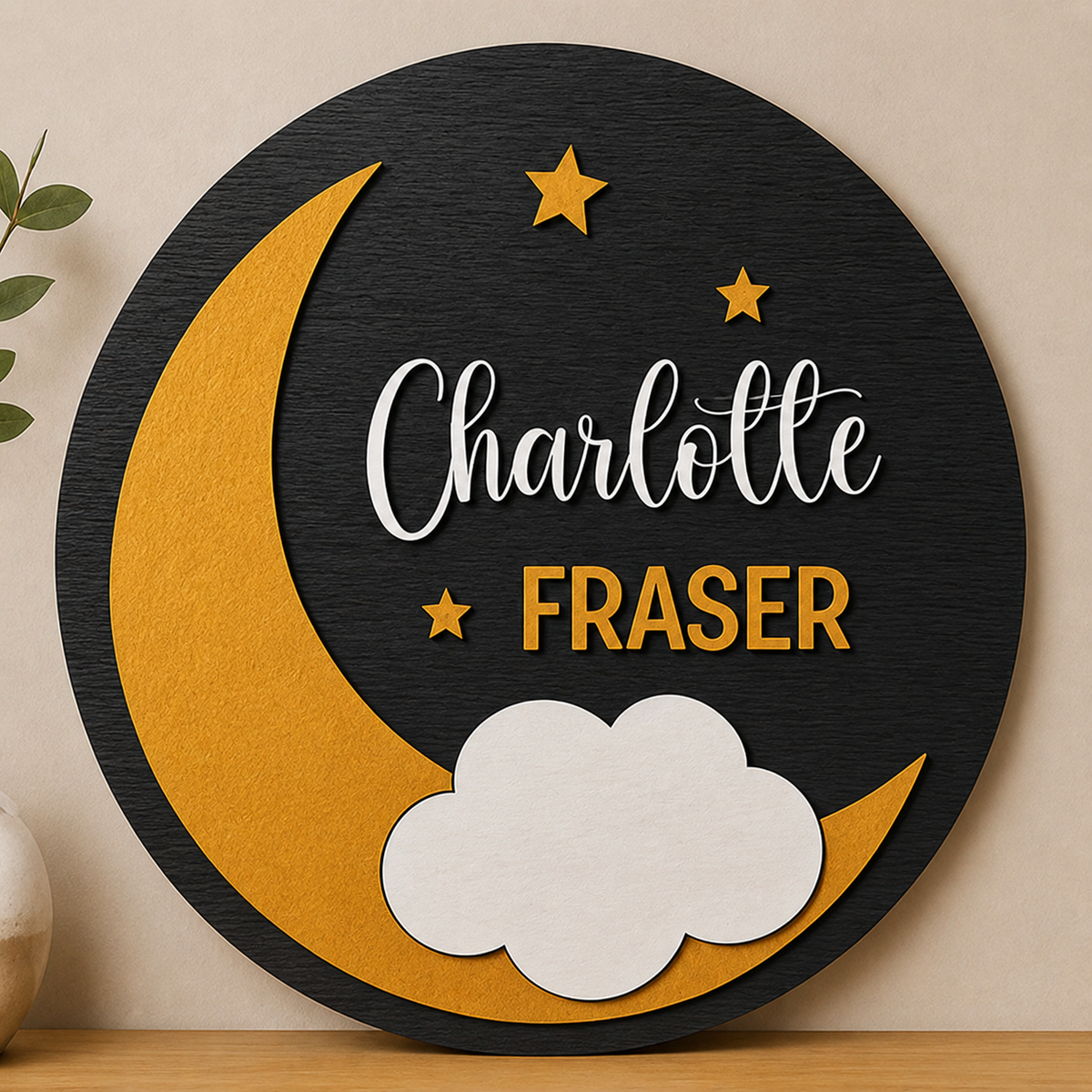 Personalised Moon Stars Wooden Name Sign Nursery Night Sky Wall Decor