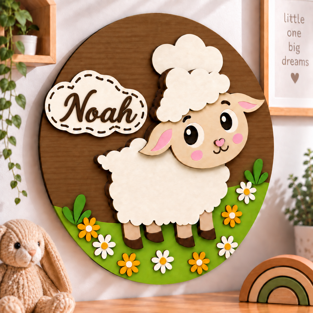 Personalised Wooden Sheep Name Sign Kids Nursery Bedroom Wall Decor