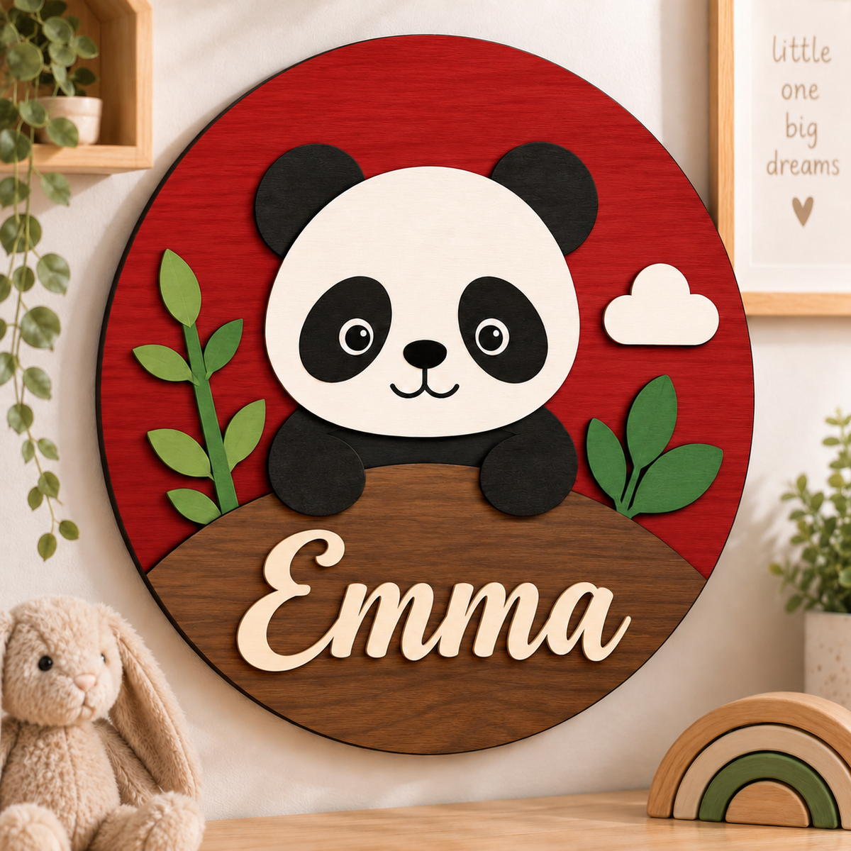 Personalised Wooden Panda Name Sign Kids Nursery Bedroom Wall Decor